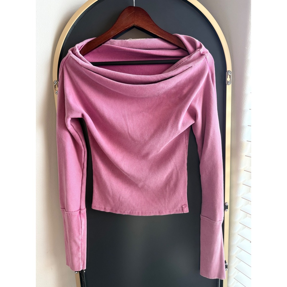 Free People Womens Large L Pink Ribbed Knit Off Shoulder Cowl Neck Top Boho Y2K